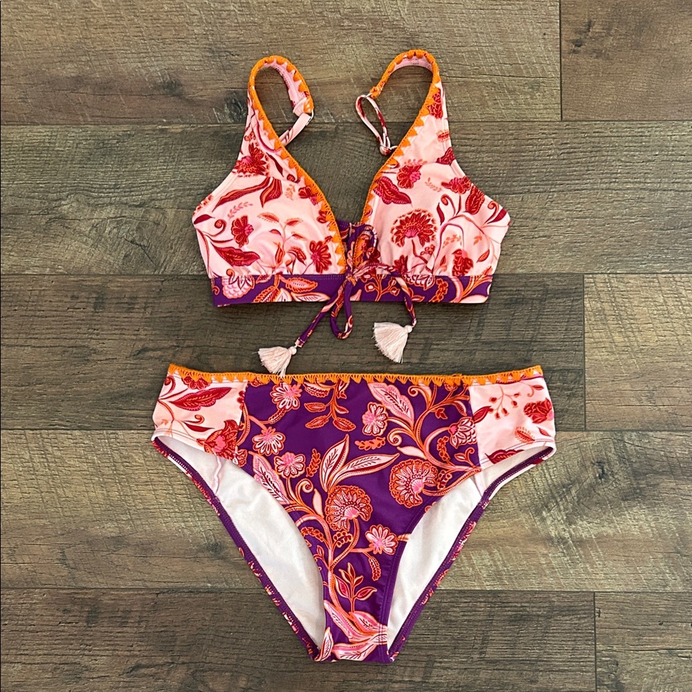Cupshe Purple Orange Pink Floral Tie-Front Bikini